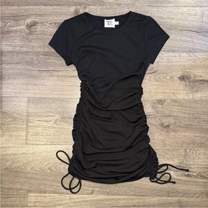 Princess Polly Black Side Tie Ribbed Ruched Dress Size 4